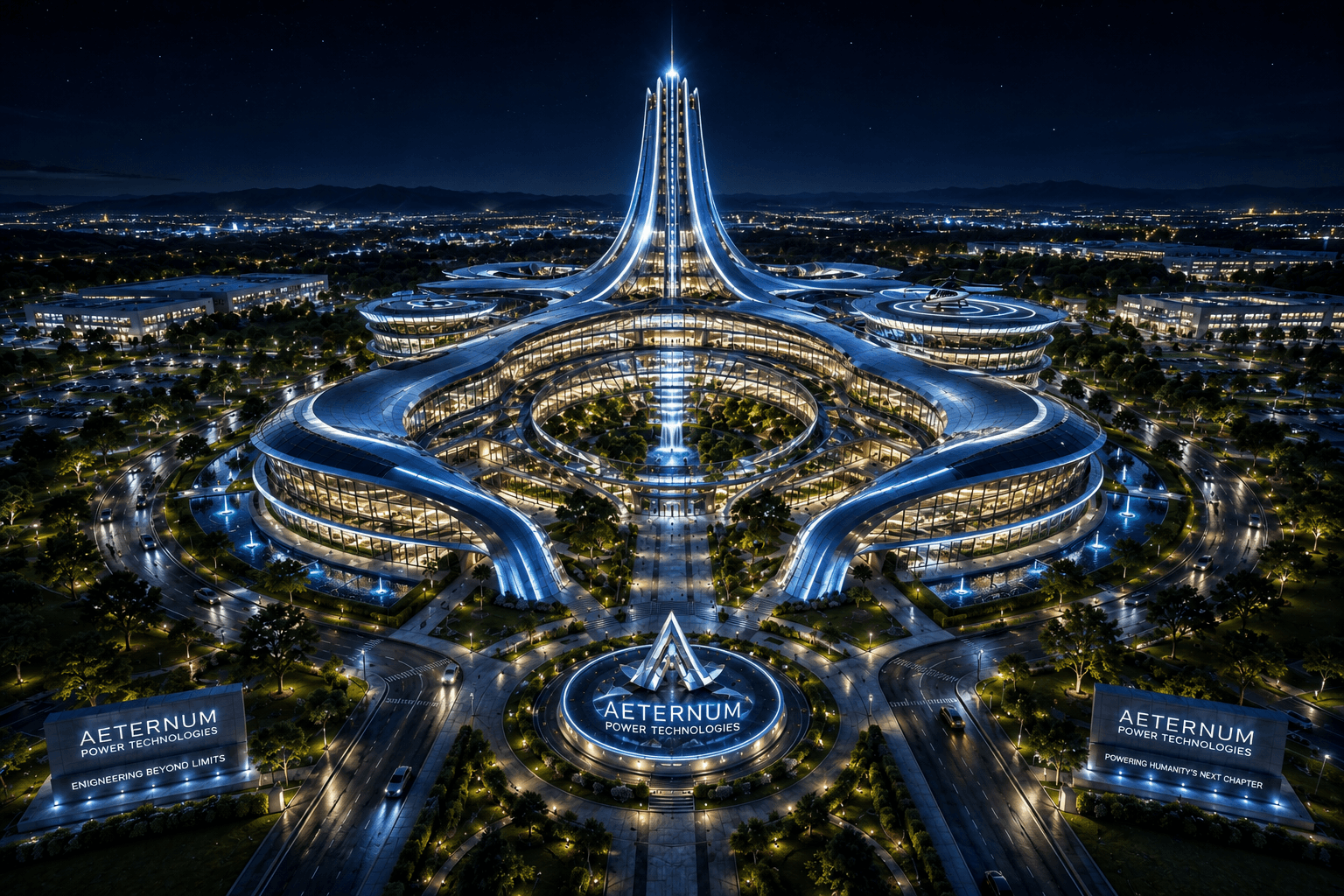 Conceptual architectural visualization of a futuristic Aeternum Power Technologies campus at night: a tall illuminated spire rising from curved glass buildings around landscaped courtyards, with Aeternum signage at the entrance.
