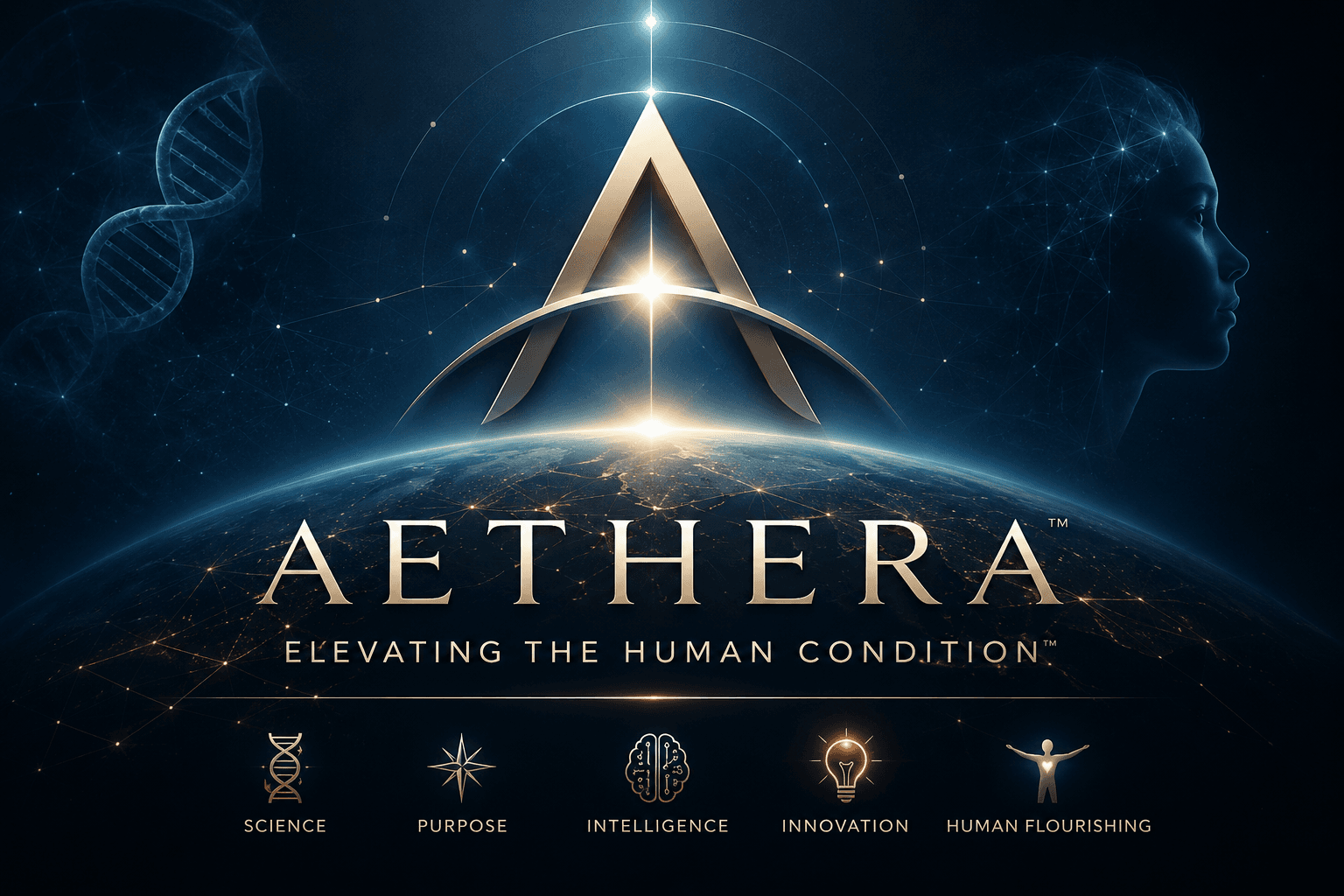 AETHERA artwork: a golden A emblem rising over the curve of the Earth with a DNA helix and a human profile in the night sky, above the tagline Elevating the Human Condition and five pillar icons for Science, Purpose, Intelligence, Innovation, and Human Flourishing.