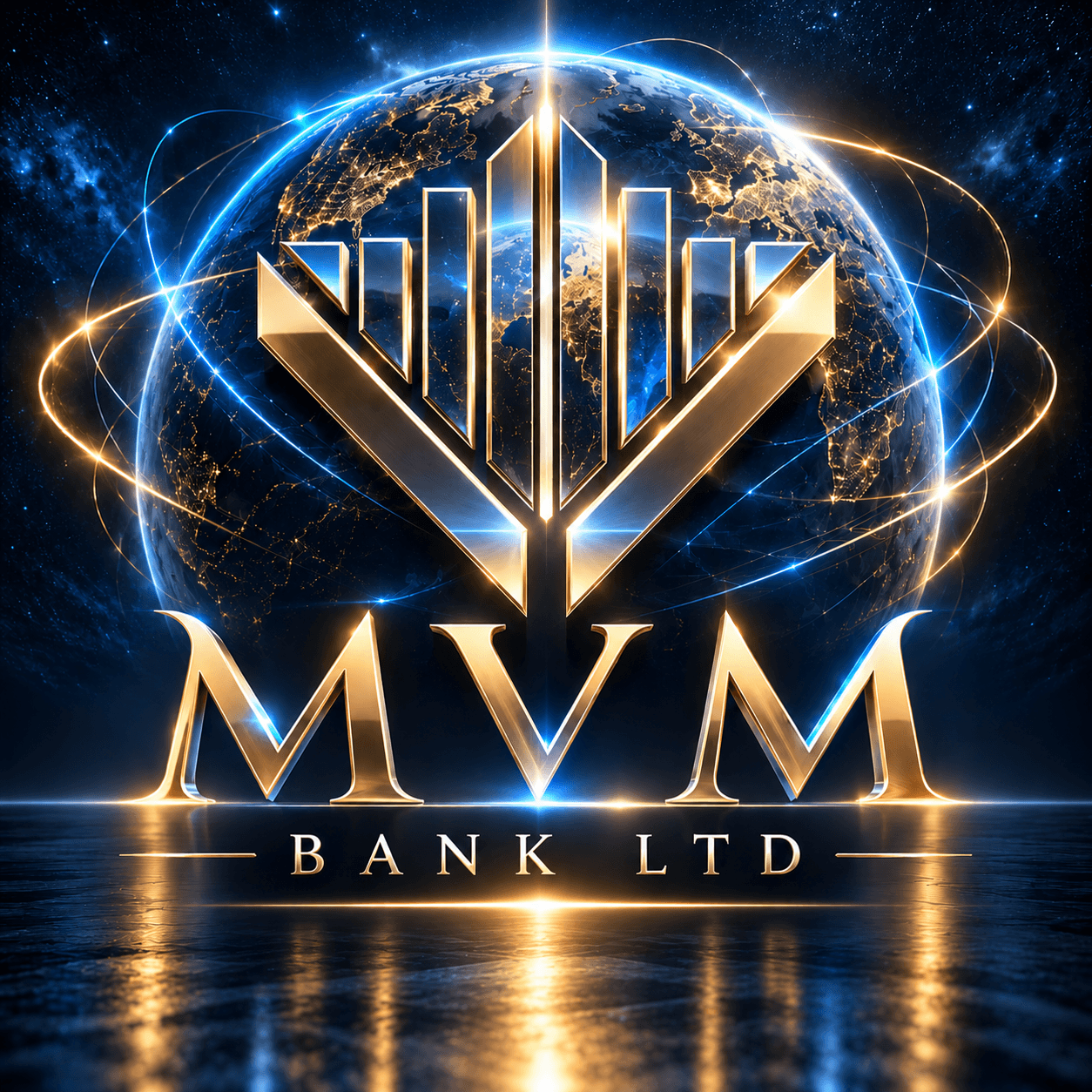 MVM Bank Ltd logo: a polished gold emblem of rising columns within a chevron, set before an illuminated globe with orbital light trails above the gold MVM lettering and the words Bank Ltd.