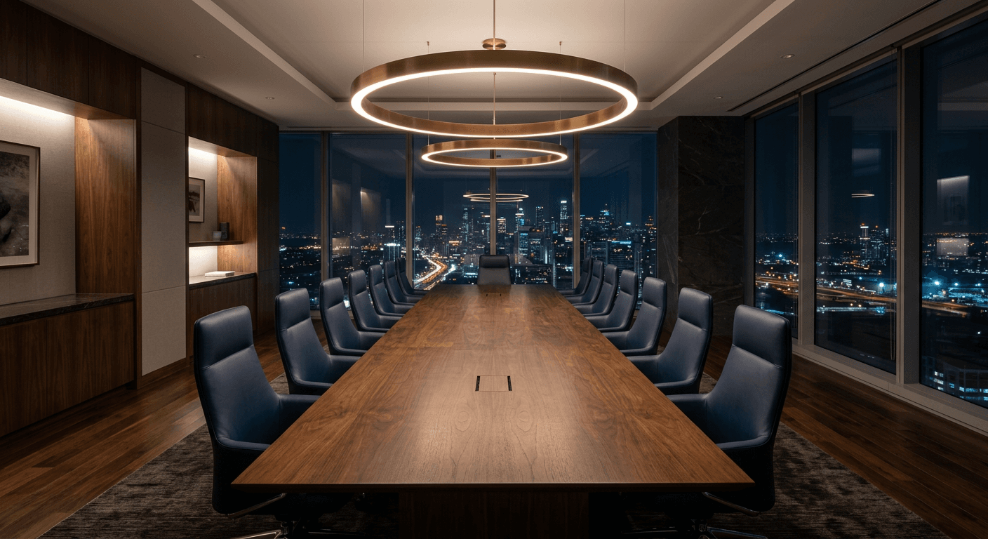 A quiet, wood-panelled council chamber with a long table beneath soft gold light.
