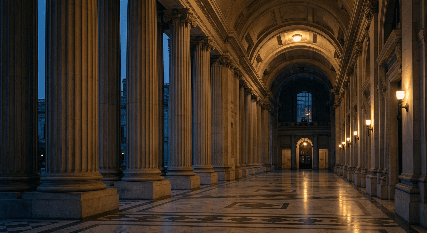 A monumental stone colonnade lit by warm evening light.