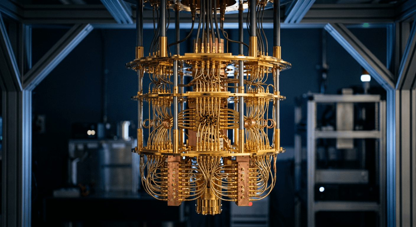 A gold-plated quantum computing apparatus suspended in a dark laboratory.